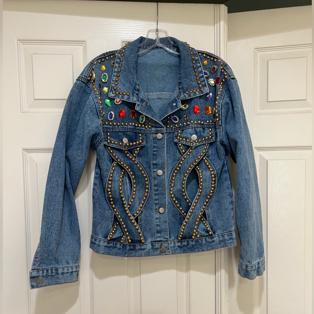 Blue studded multi-coloured beads sequins cut out‎ unisex Jeans Denim Jacket M